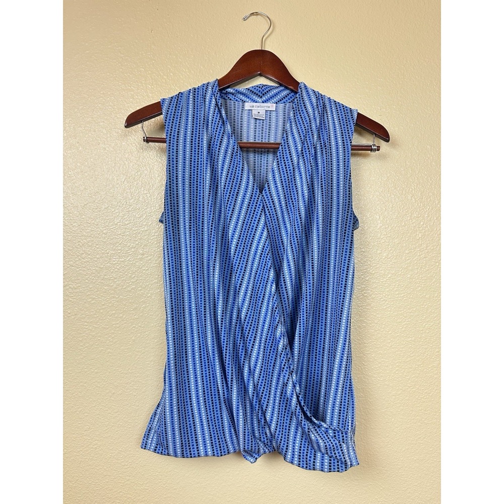 Liz Claiborne Womens Blue White Stripe Surplice Wrap V-Neck Sleeveless Top M